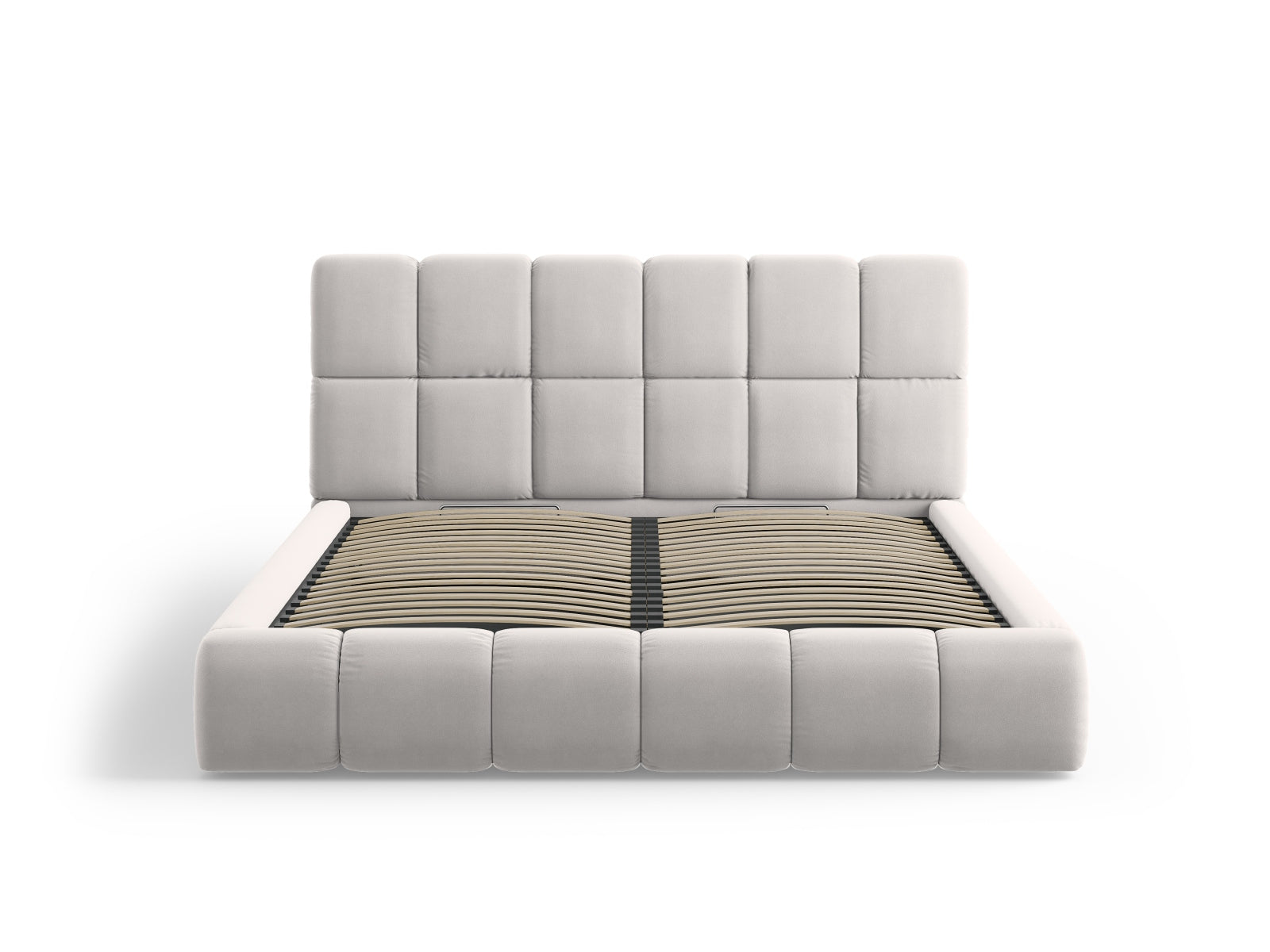 Elegantes Bellis Velour Bett in Silver-Bluvel mit integriertem Stauraum und modernem Kopfteil, ideal für stilvolle Schlafzimmer.