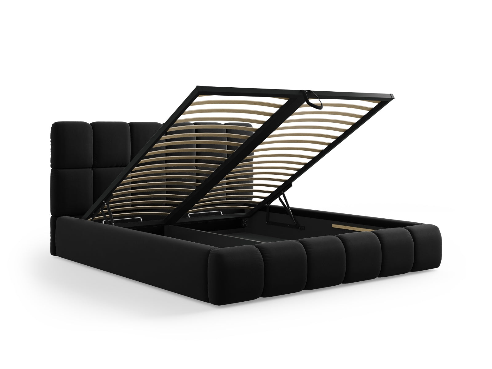 Elegantes Bellis Velour Bett in 140 cm Breite, ideal für stilvolle Schlafzimmer, bietet praktischen Stauraum und ein komfortables Headboard.