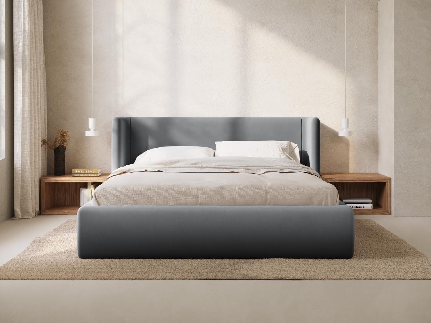 Jolene Velour Bett mit Stauraum und Headboard in Grey-Bluvel präsentiert im Onlineshop von KAQTU Design AG. Bett ist von Micadoni
