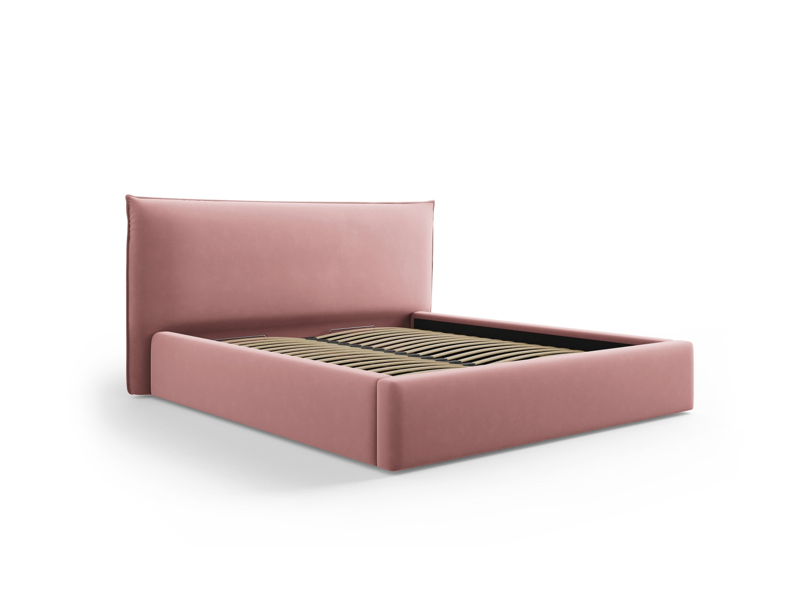 Elegantes Kaelle Velour Bett in Pink-Bluvel mit praktischem Stauraum und stilvollem Headboard, ideal für moderne Schlafzimmer.