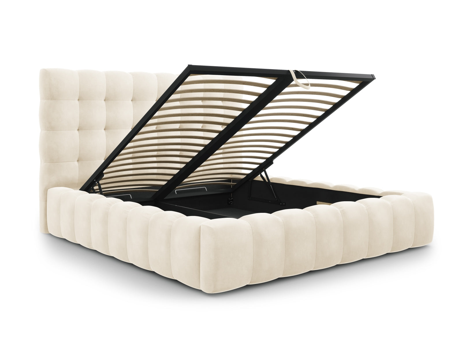 Stilvolles Mamaia Velour Bett in sanftem Beige, perfekt für zeitgemäße Schlafzimmer, mit praktischem Stauraum und ansprechendem Kopfteil.