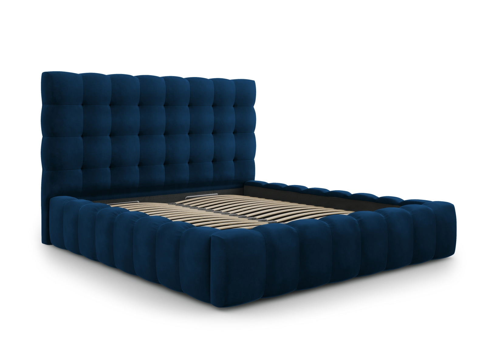 Stilvolles Mamaia Velour Bett in Royal Blue, ausgestattet mit praktischem Stauraum und einem eleganten Kopfteil für ein modernes Ambiente.