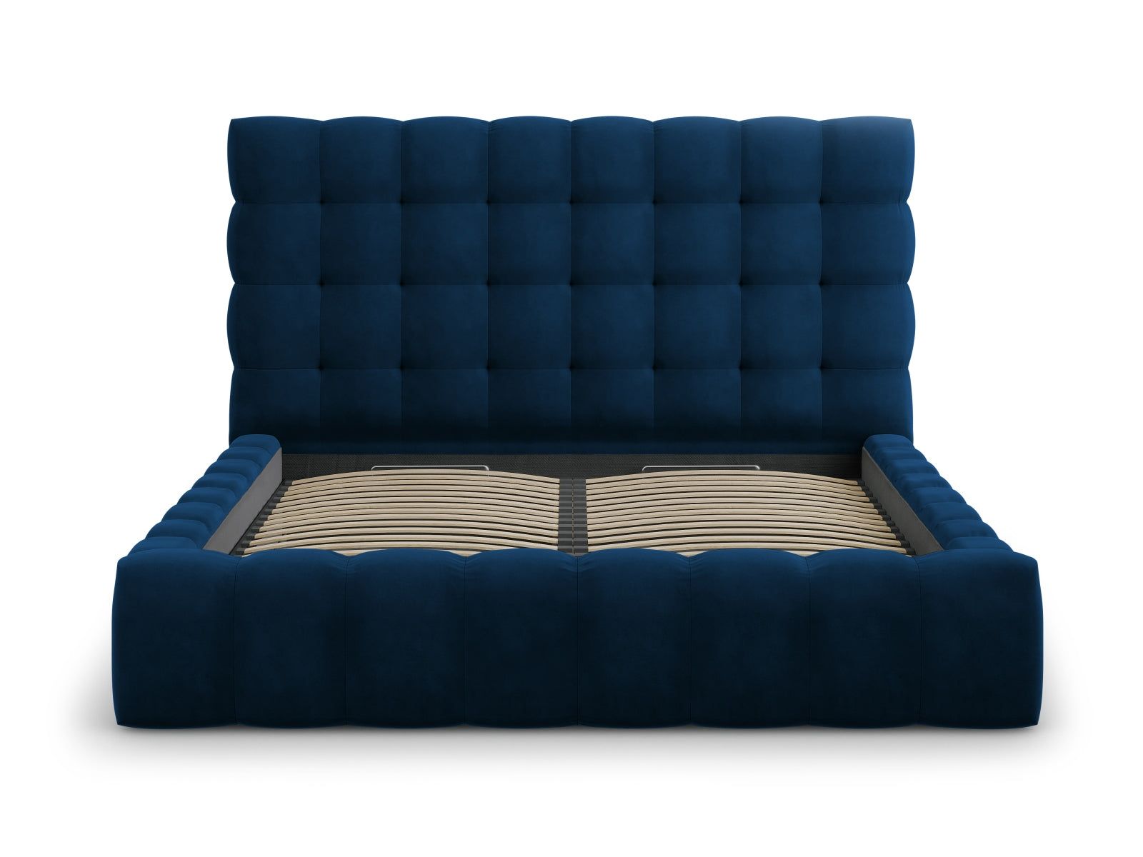 Elegantes Mamaia Velour Bett in Royal Blue mit praktischem Stauraum und stilvollem Kopfteil, ideal für jedes Schlafzimmer.