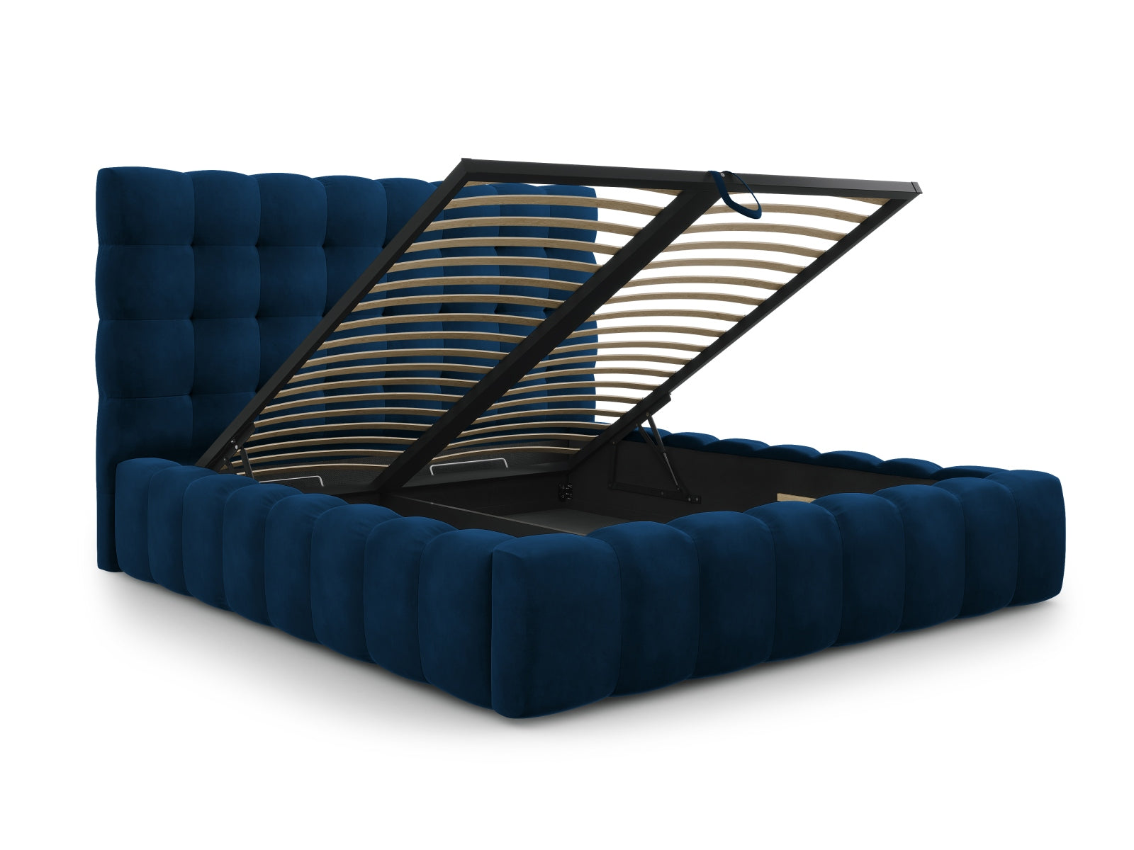 Stilvolles Mamaia Velour Bett in Royal Blue, ausgestattet mit praktischem Stauraum und einem modernen Kopfteil für ein elegantes Schlafzimmer.