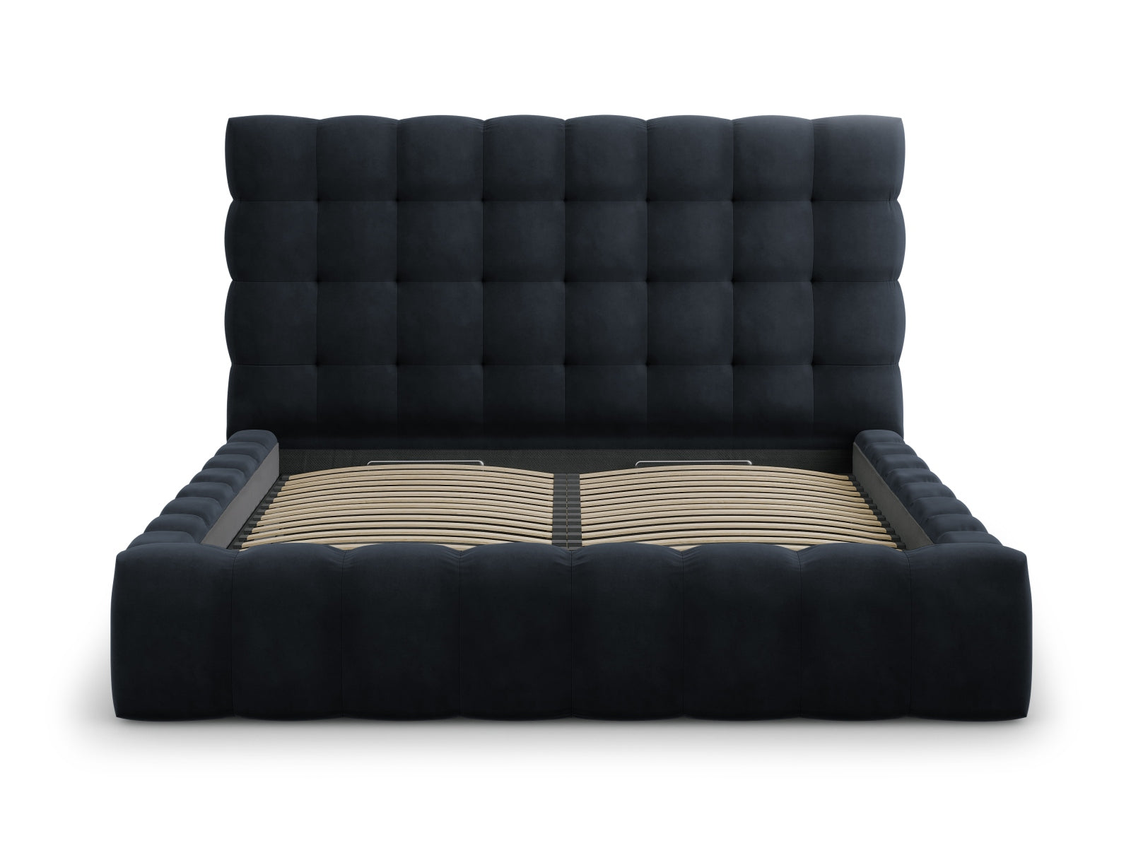 Elegantes Mamaia Velour Bett in edlem Blau, bietet cleveren Stauraum und ein modernes Kopfteil für stilvolle Schlafzimmer.