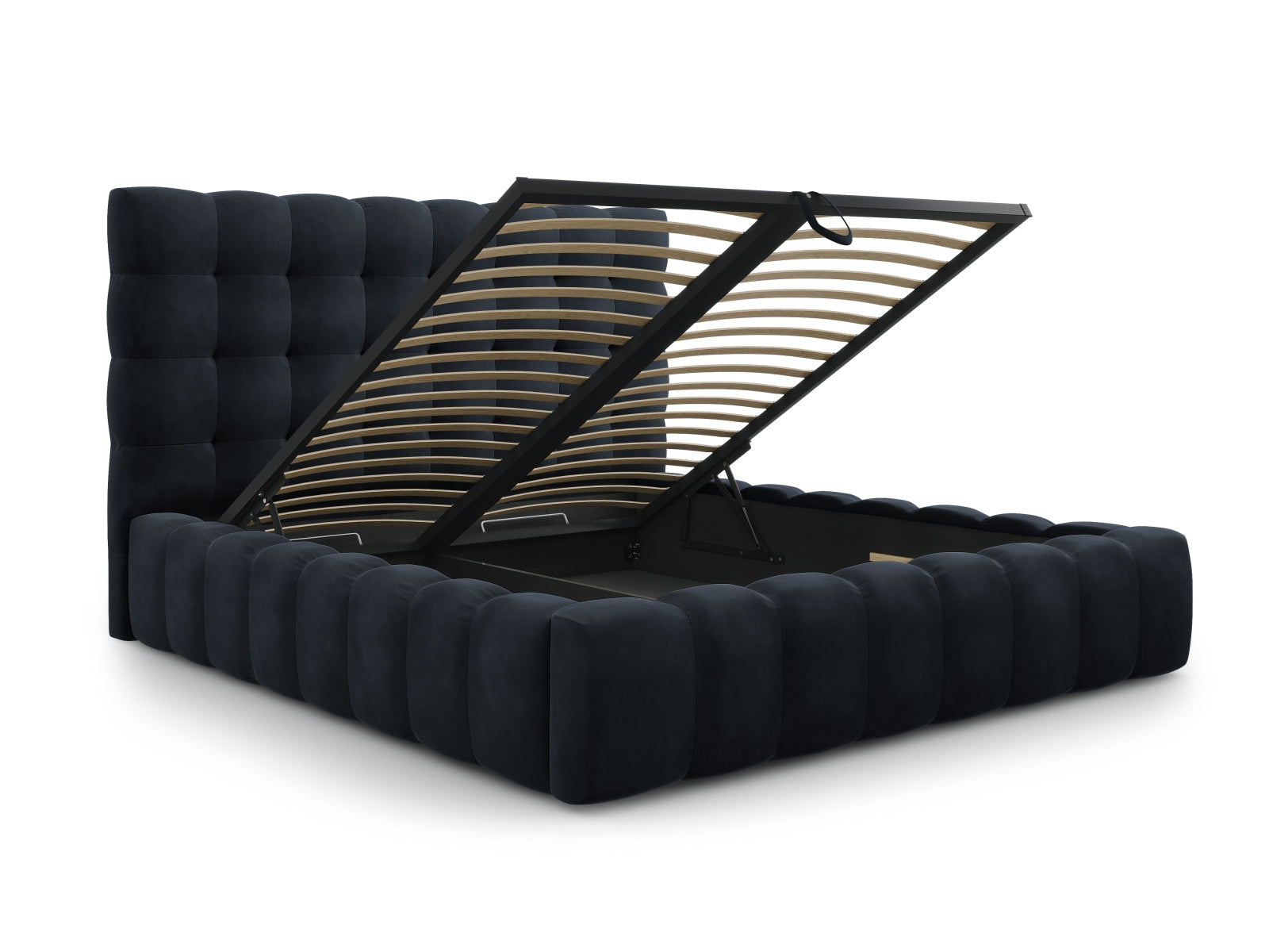 Stilvolles Mamaia Velour Bett in tiefem Blau, ausgestattet mit praktischem Stauraum und einem ansprechenden Kopfteil für ein modernes Ambiente.