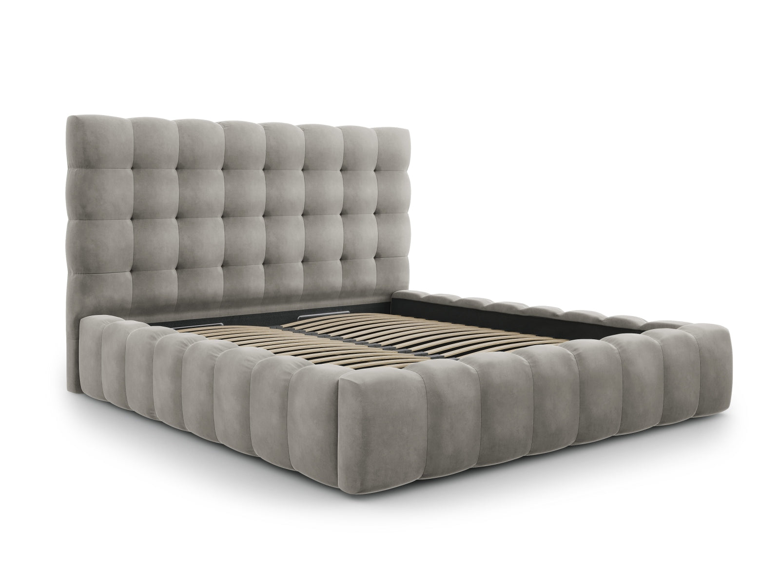 Stylisches Mamaia Velour Bett in hellem Grau, ausgestattet mit praktischem Stauraum und einem eleganten Kopfteil für zeitgemäße Wohnräume.