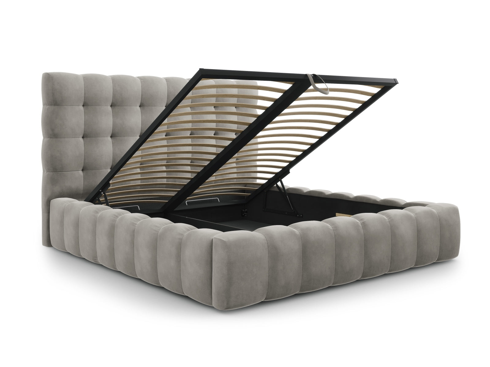 Stylisches Mamaia Velour Bett in dezentem Grau, perfekt für zeitgemäße Schlafzimmer, mit praktischem Stauraum und elegantem Kopfteil.
