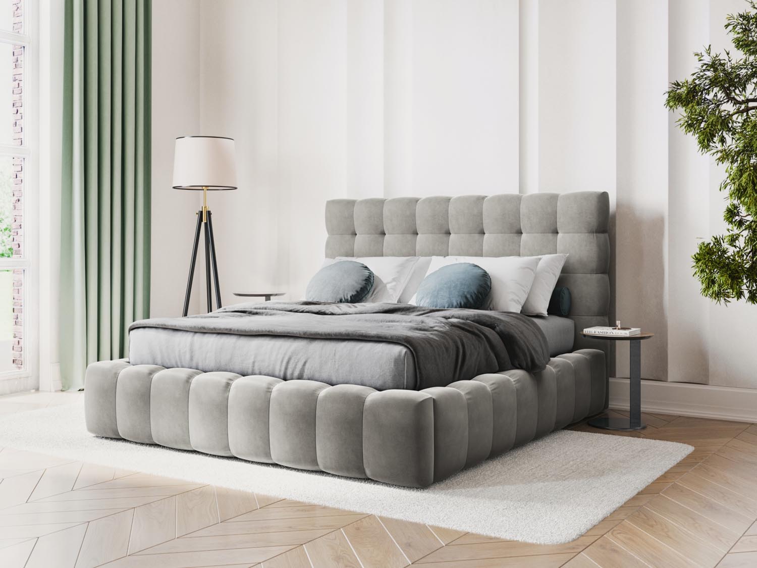 Elegantes Mamaia Velour Bett in Light Grey mit praktischem Stauraum und stilvollem Headboard, ideal für moderne Schlafzimmer.