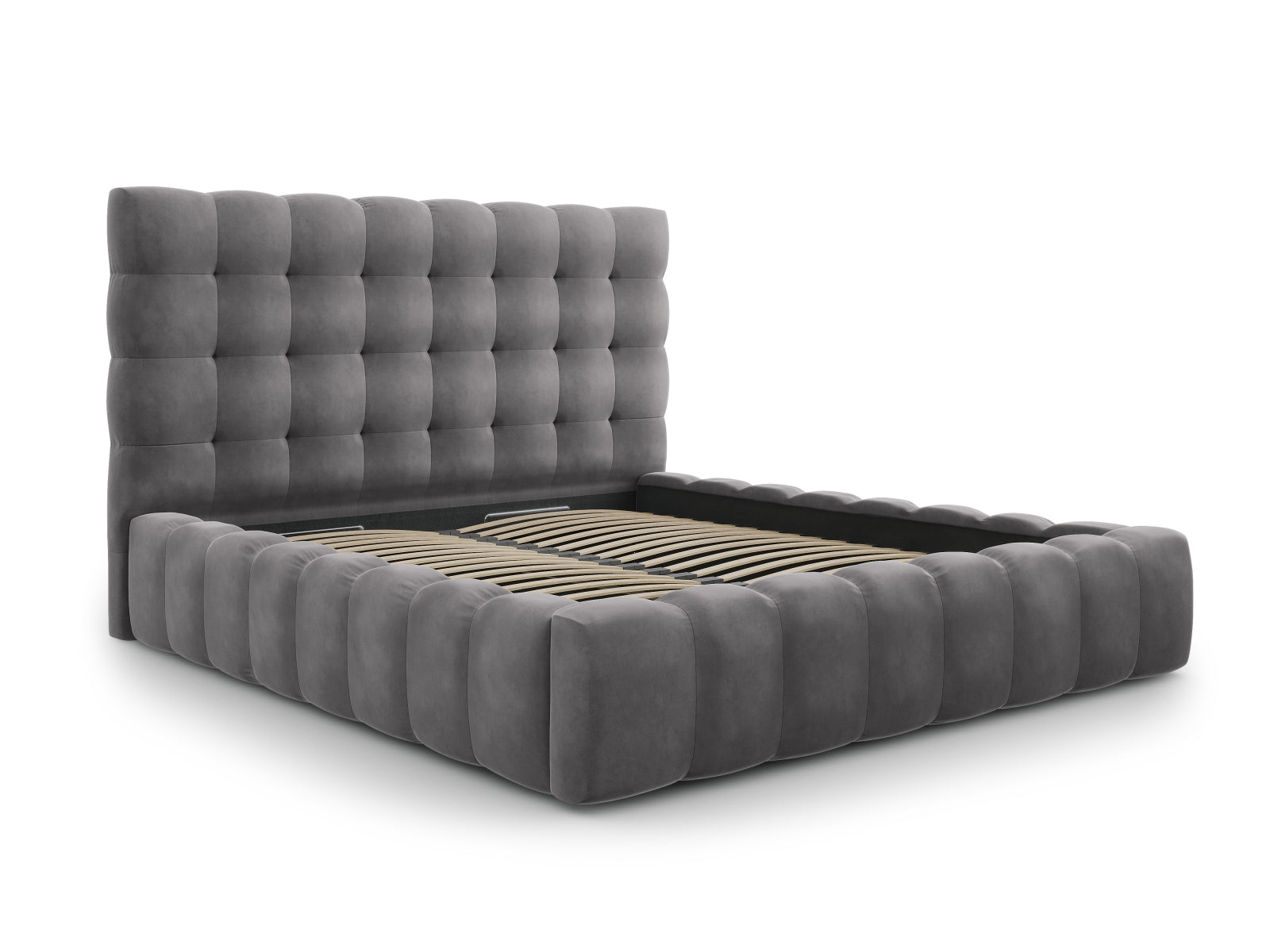 Stylisches Mamaia Velour Bett in Grau mit praktischem Stauraum und ansprechendem Kopfteil, perfekt für zeitgemäße Wohnräume.