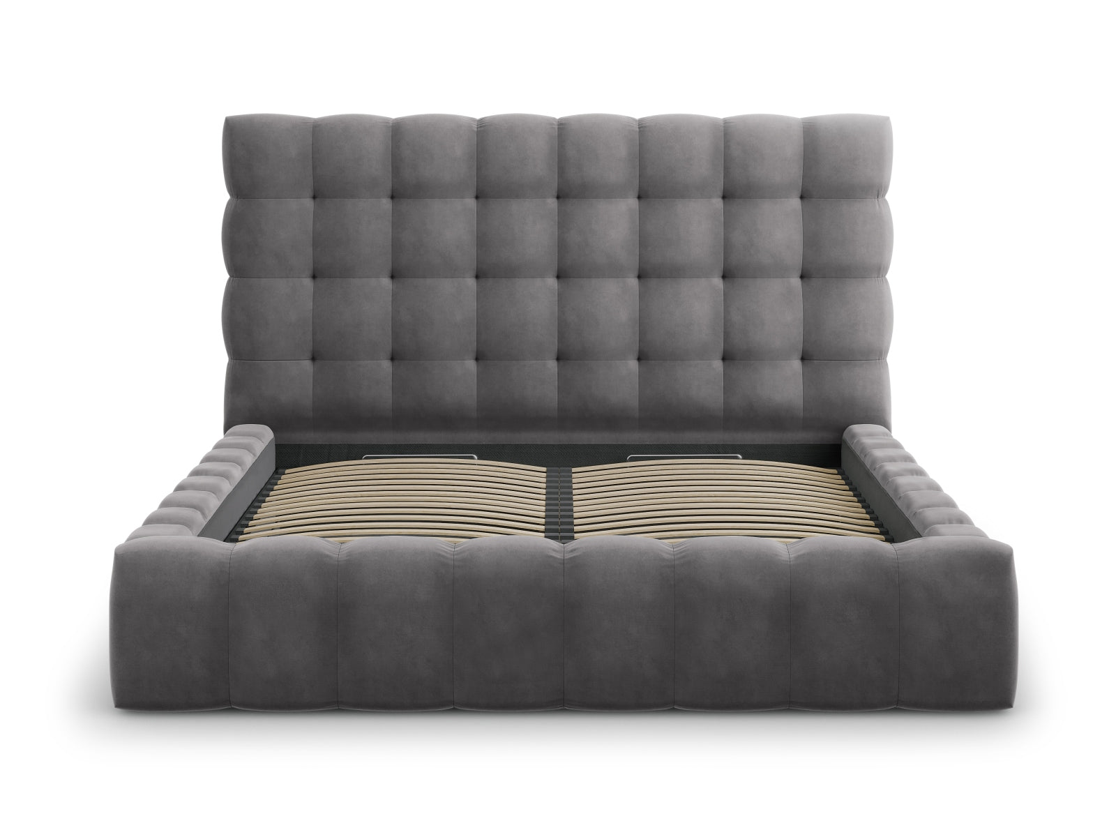Elegantes graues Velour Bett Mamaia mit Stauraum und Kopfteil, ideal für moderne Schlafzimmer und stilvolle Einrichtung.