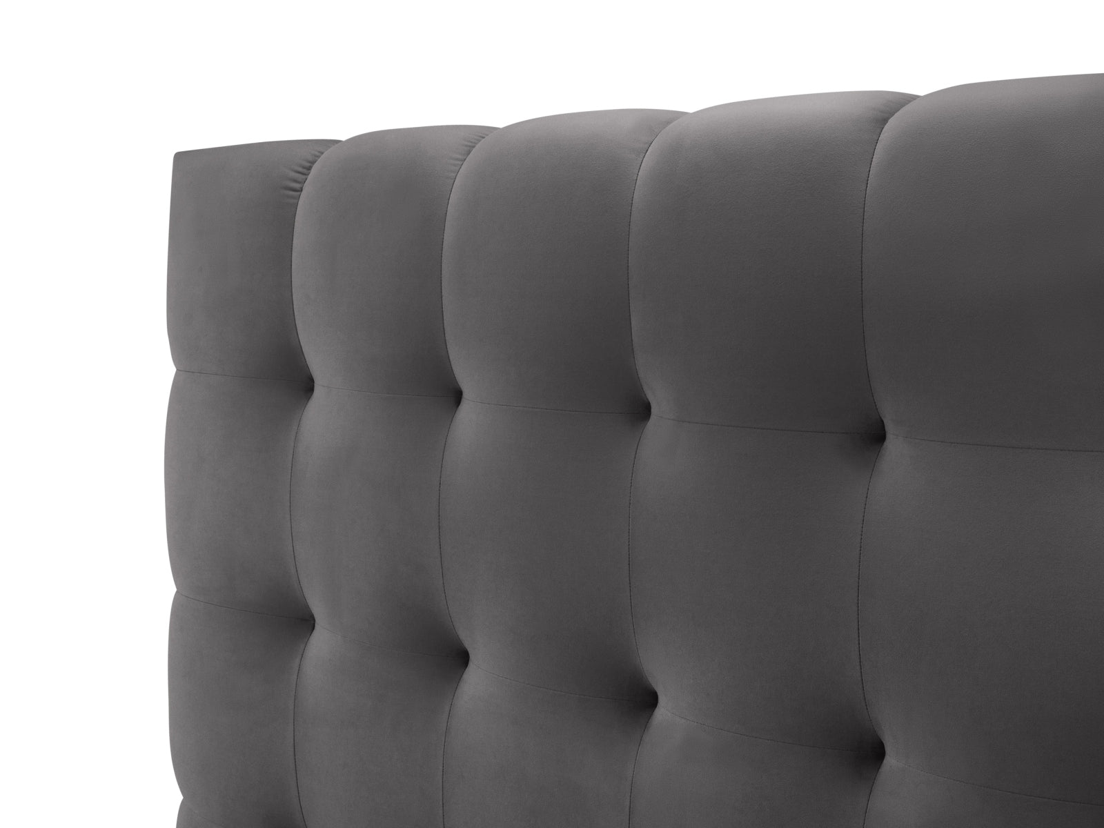 Elegantes graues Velourbett Mamaia mit 140 cm Breite, ausgestattet mit praktischem Stauraum und einem stilvollen Kopfteil für modernes Wohnen.