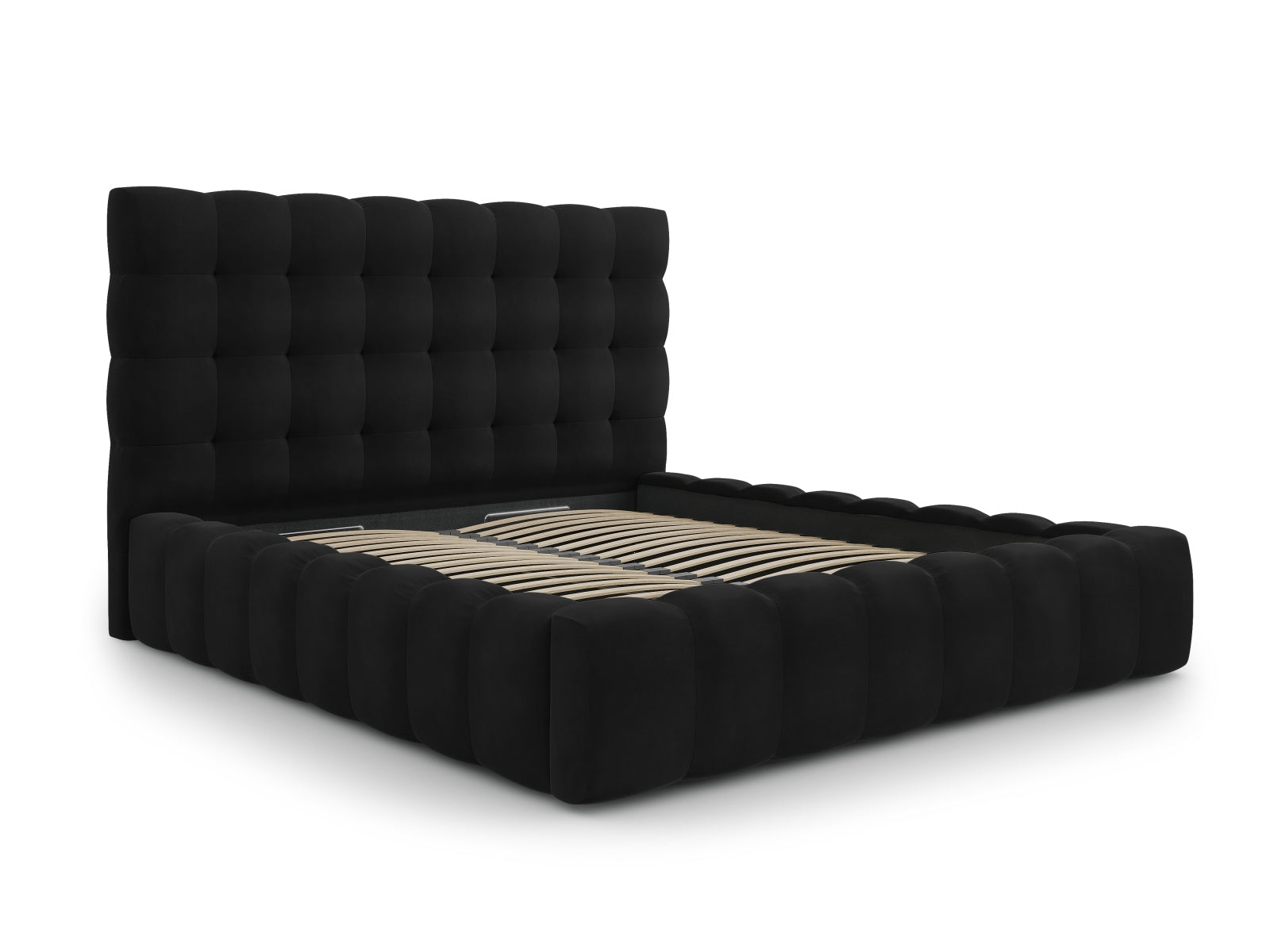 Schwarzes Mamaia Velour Bett mit integriertem Stauraum und ansprechendem Kopfteil, perfekt für stilvolle Schlafräume.