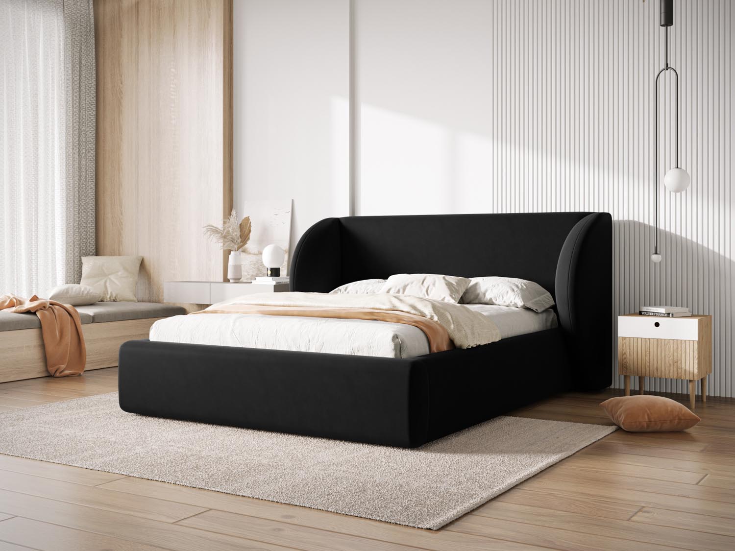 Elegantes Miley Velour Bett in Schwarz mit praktischem Stauraum und stilvollem Kopfteil, ideal für moderne Schlafzimmer.