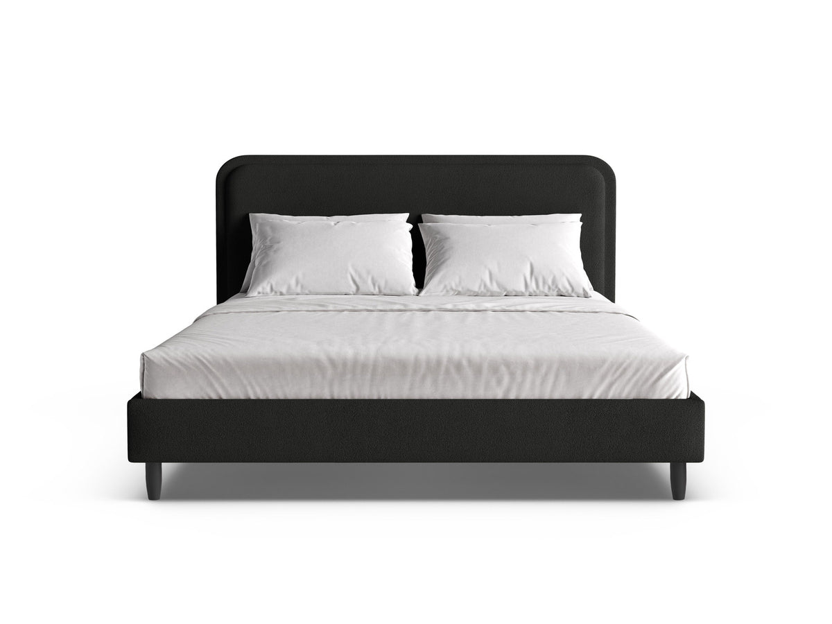 Aveline Bett mit Kopfteil in Ivory-Wind von Micadoni, 160 x 200 cm, mit gepolstertem Kopfteil und schwarzen Holzbeinen, Rahmen aus Möbelplatte und Sperrholzlatten.