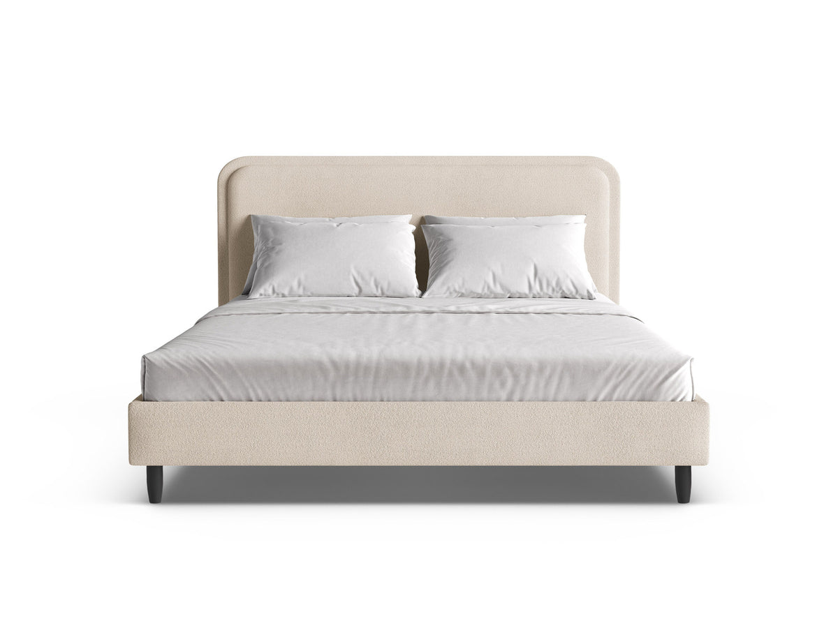 Aveline Bett mit Kopfteil in Ivory-Wind von Micadoni, 160 x 200 cm, mit gepolstertem Kopfteil und schwarzen Holzbeinen, Rahmen aus Möbelplatte und Sperrholzlatten.