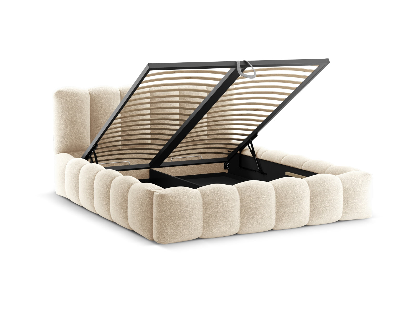 Elegantes Lupine Bett in hellem Beige, ideal für stilvolle Schlafzimmer, bietet praktischen Stauraum und ein geschmackvolles Kopfteil.