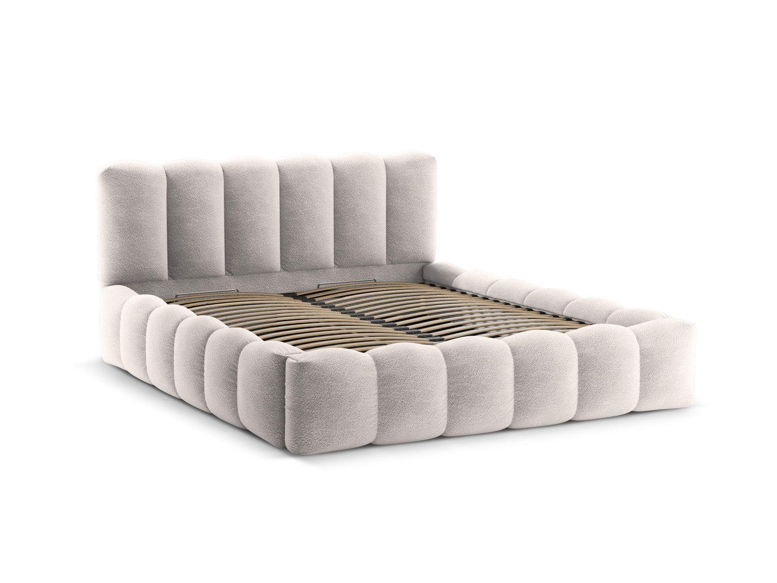 Modernes Lupine Bett in hellem Grau, ausgestattet mit einem funktionalen Stauraum und einem stilvollen Kopfteil für zeitgemäße Schlafzimmer.