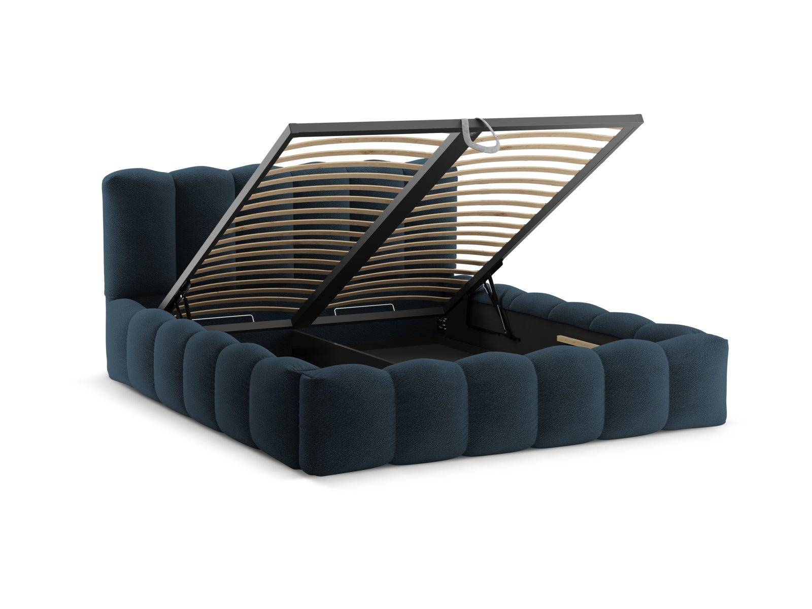 Elegantes Lupine Bett in dunklem Blau, bietet praktischen Stauraum und ein geschmackvolles Kopfteil für ein modernes Schlafzimmer.