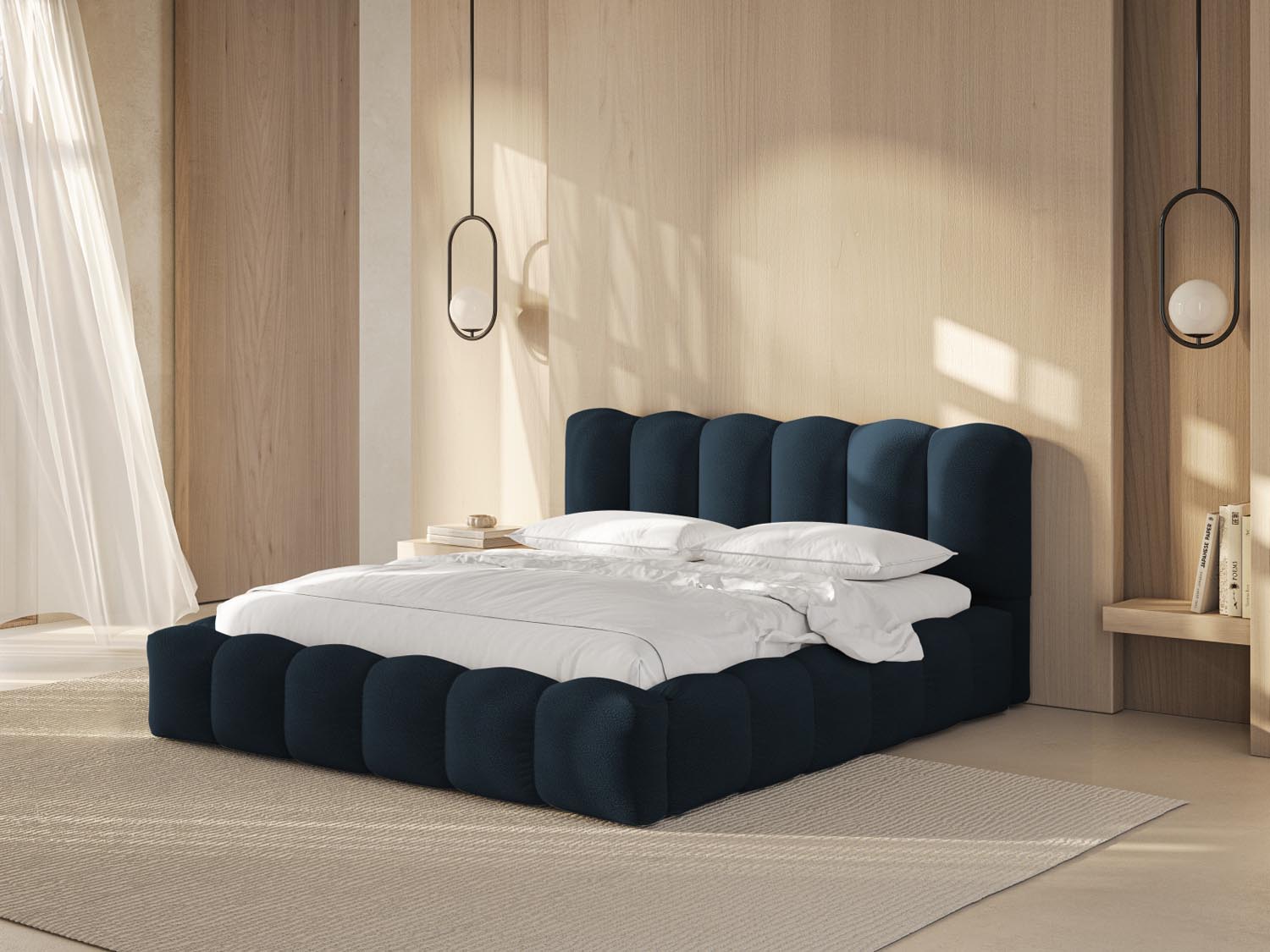 Elegantes Lupine Bett in Dunkelblau mit praktischem Stauraum und stilvollem Kopfteil, ideal für moderne Schlafzimmer.