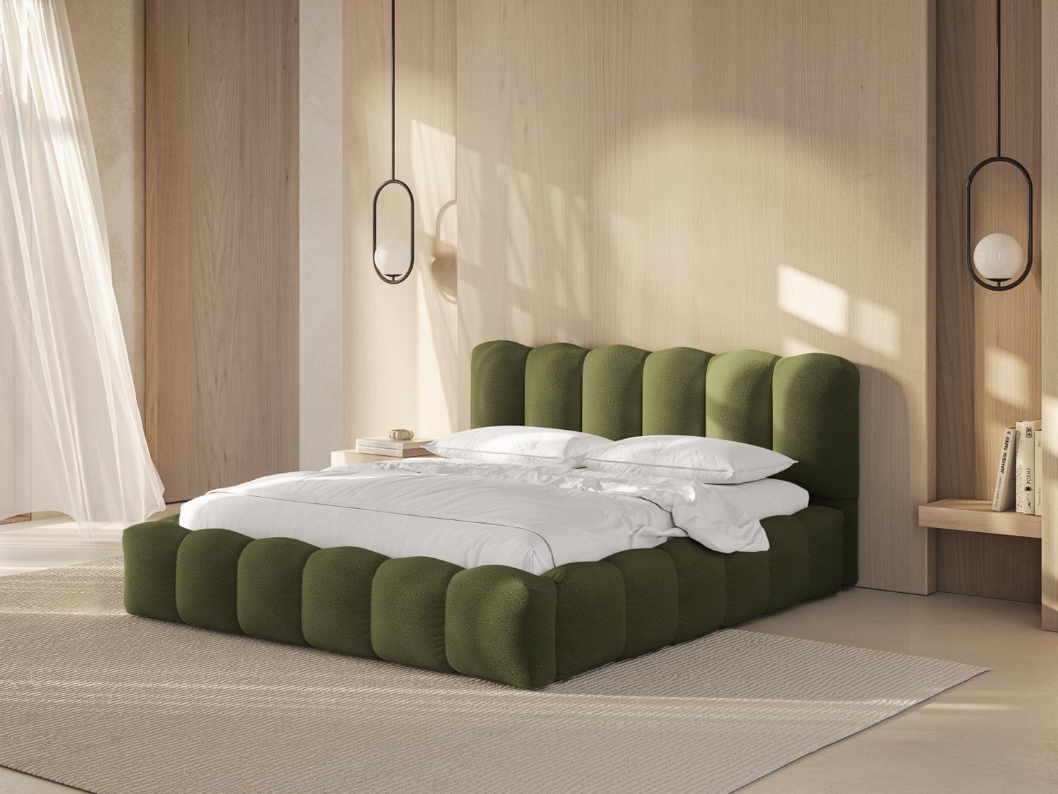 Elegantes Lupine Bett in Dunkelolivgrün mit praktischem Stauraum und stilvollem Kopfteil, ideal für moderne Schlafzimmer.