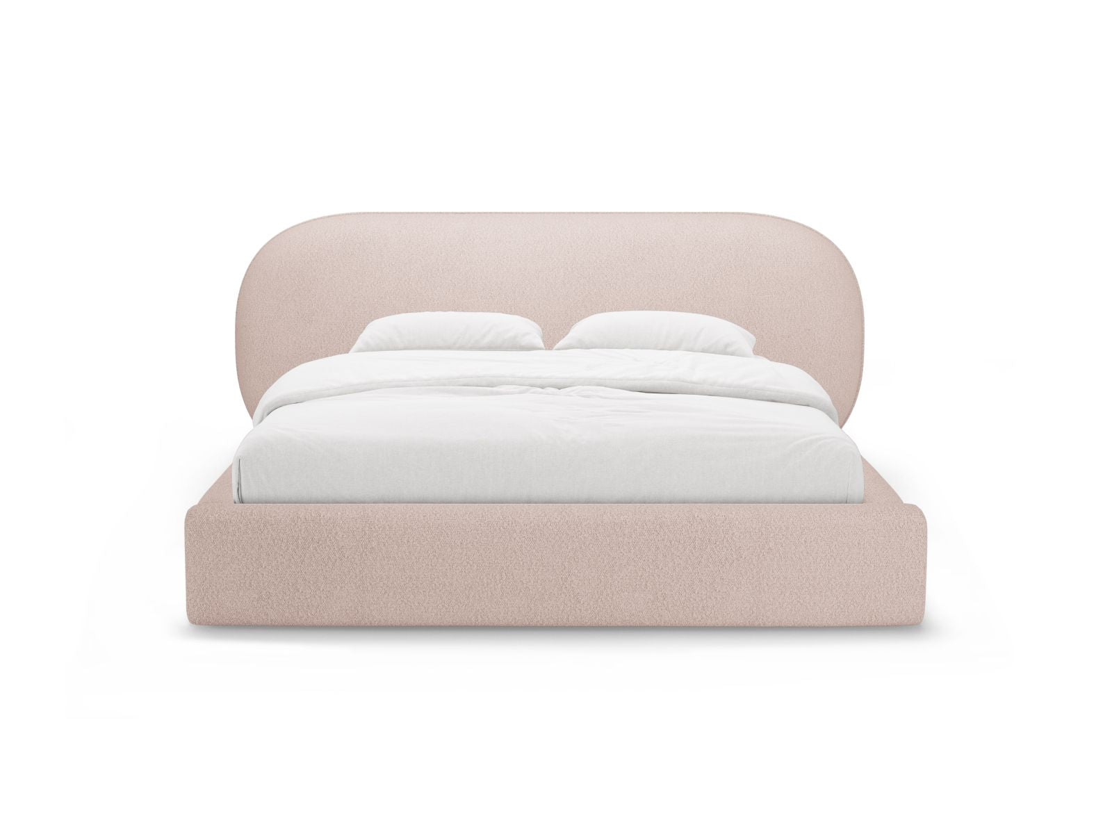 Elegantes Ovalo Bett in Powder Pink mit praktischem Stauraum und stilvollem Kopfteil, ideal für moderne Schlafzimmer.