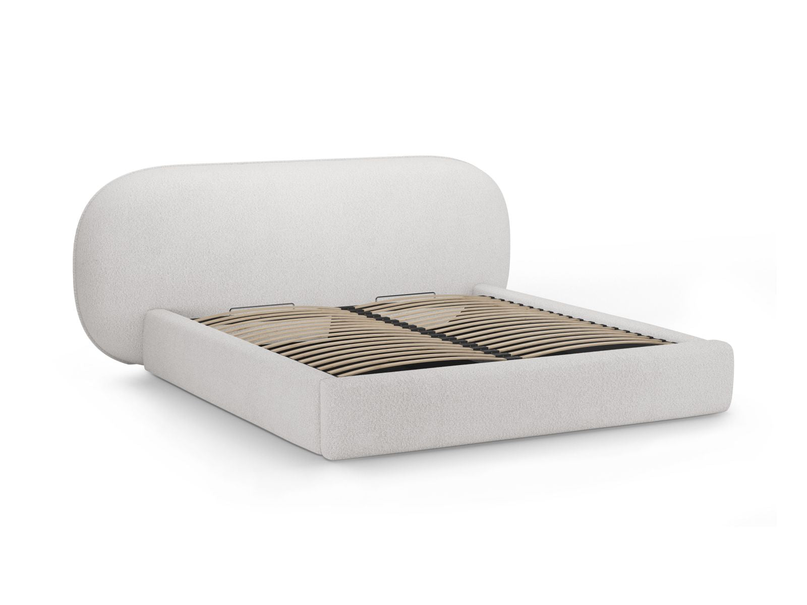 Modernes Ovalo Bett in hellem Grau mit integriertem Stauraum und geschmackvollem Kopfteil, perfekt für stilvolle Schlafzimmerlösungen.