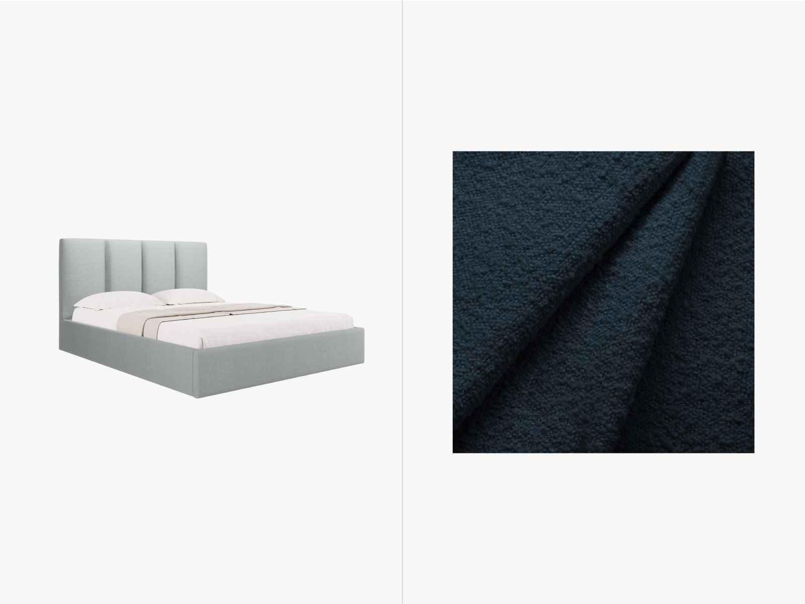 Erleben Sie das Phaedra Boucle Bett von Micadoni – modernes Design, cleverer Stauraum und ein komfortables Headboard für Ihr Schlafzimmer.