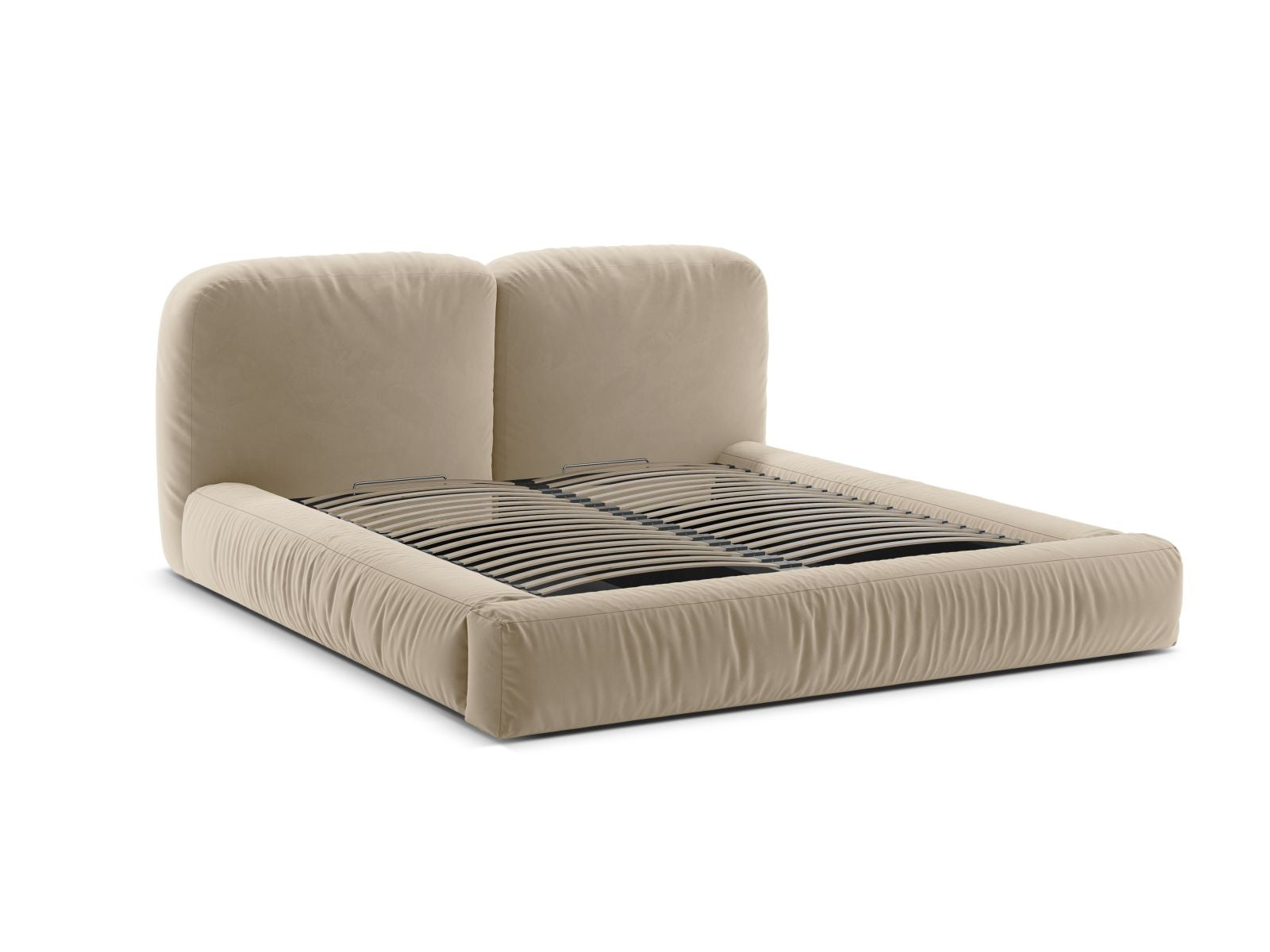 Elegantes Martina Bett in hellem Beige, ideal für moderne Schlafzimmer, bietet zusätzlichen Stauraum und ein geschmackvolles Kopfteil.