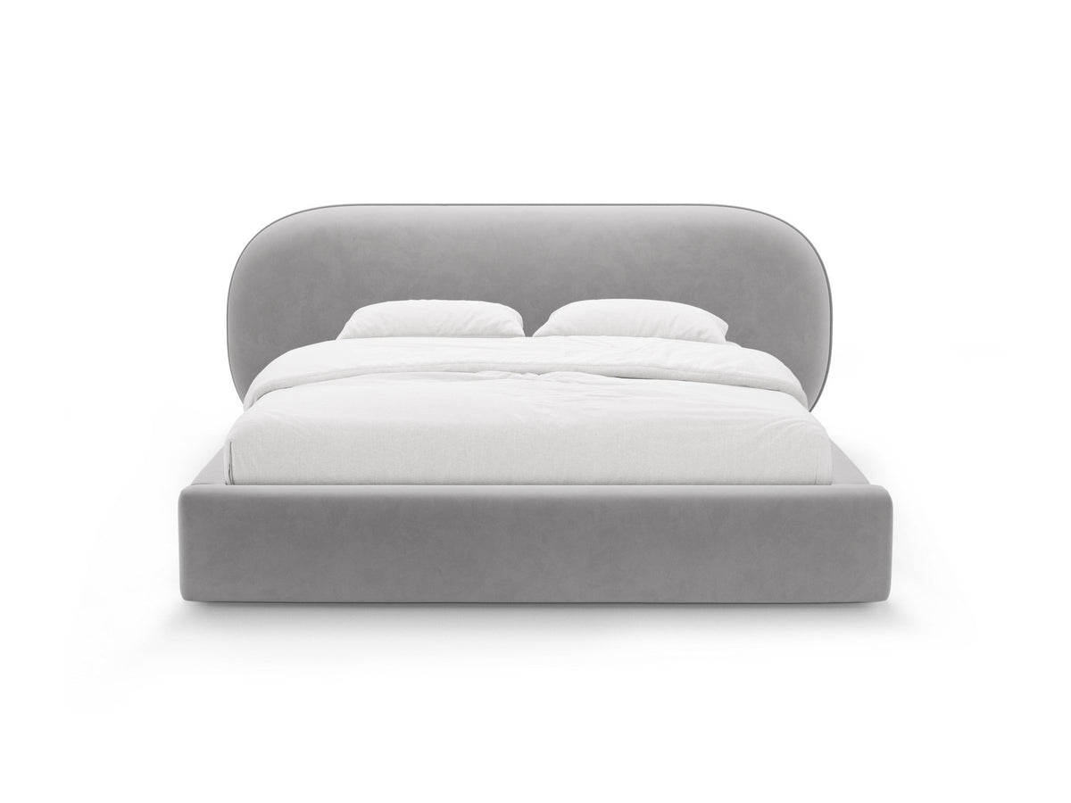 Stauraumbett Ovalo von Micadoni in Light Grey-Magic Velvet mit gepolstertem Kopfteil, Metallrahmen, Bettkasten und schwarzen Kunststoffbeinen.