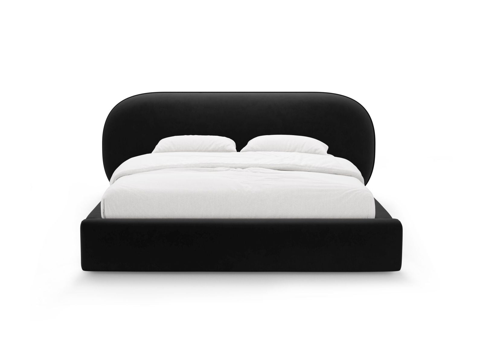 Elegantes Ovalo Bett mit 160 cm Breite, ausgestattet mit praktischem Stauraum und stilvollem Kopfteil in Black-Magic Velvet.