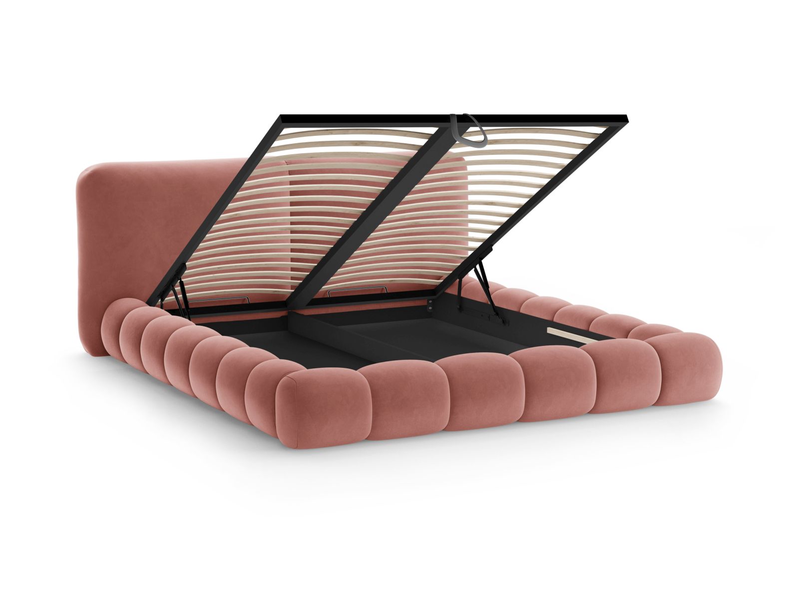 Stylisches Solange Bett in zartem Pink-Magic Velvet, ausgestattet mit praktischem Stauraum und einem eleganten Kopfteil für modernes Wohnen.