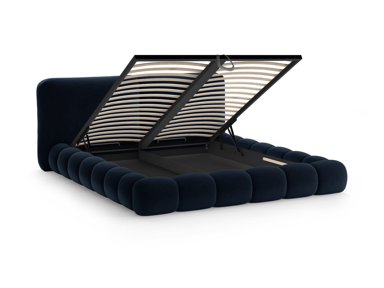 Stilvolles Solange Bett in Royal Blue-Magic Velvet, ausgestattet mit praktischem Stauraum und einem modernen Kopfteil für ein elegantes Ambiente.