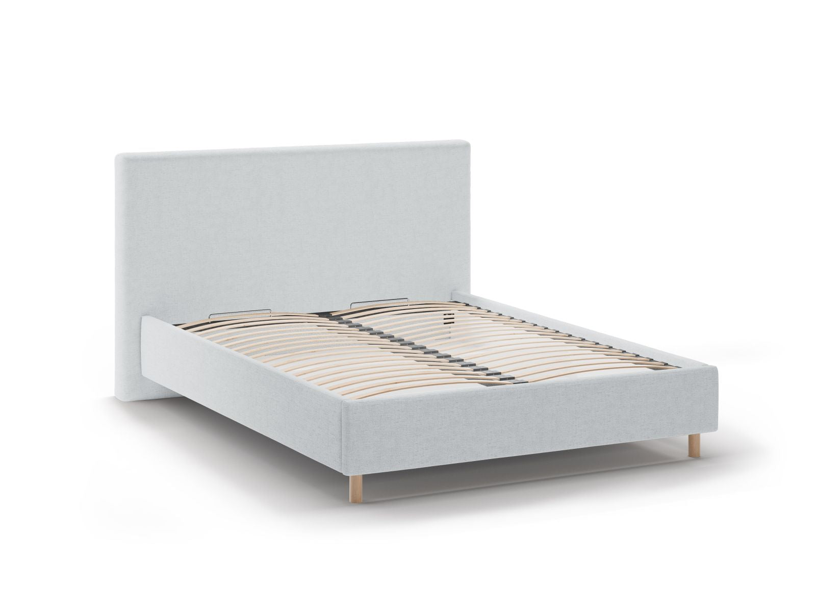 Modernes Eloise Bett in sanftem Grau, ausgestattet mit praktischem Stauraum und elegantem Kopfteil, ideal für stilvolle Schlafzimmer.
