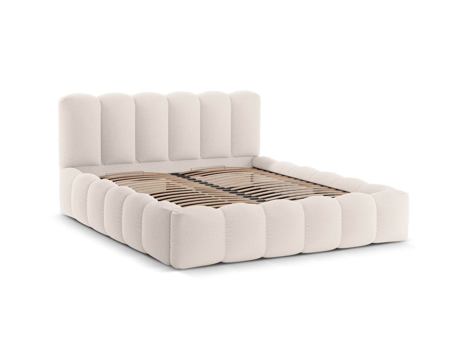 Elegantes Lupine Bett in hellem Beige, ideal für stilvolle Schlafzimmer, bietet praktischen Stauraum und ein geschmackvolles Kopfteil.