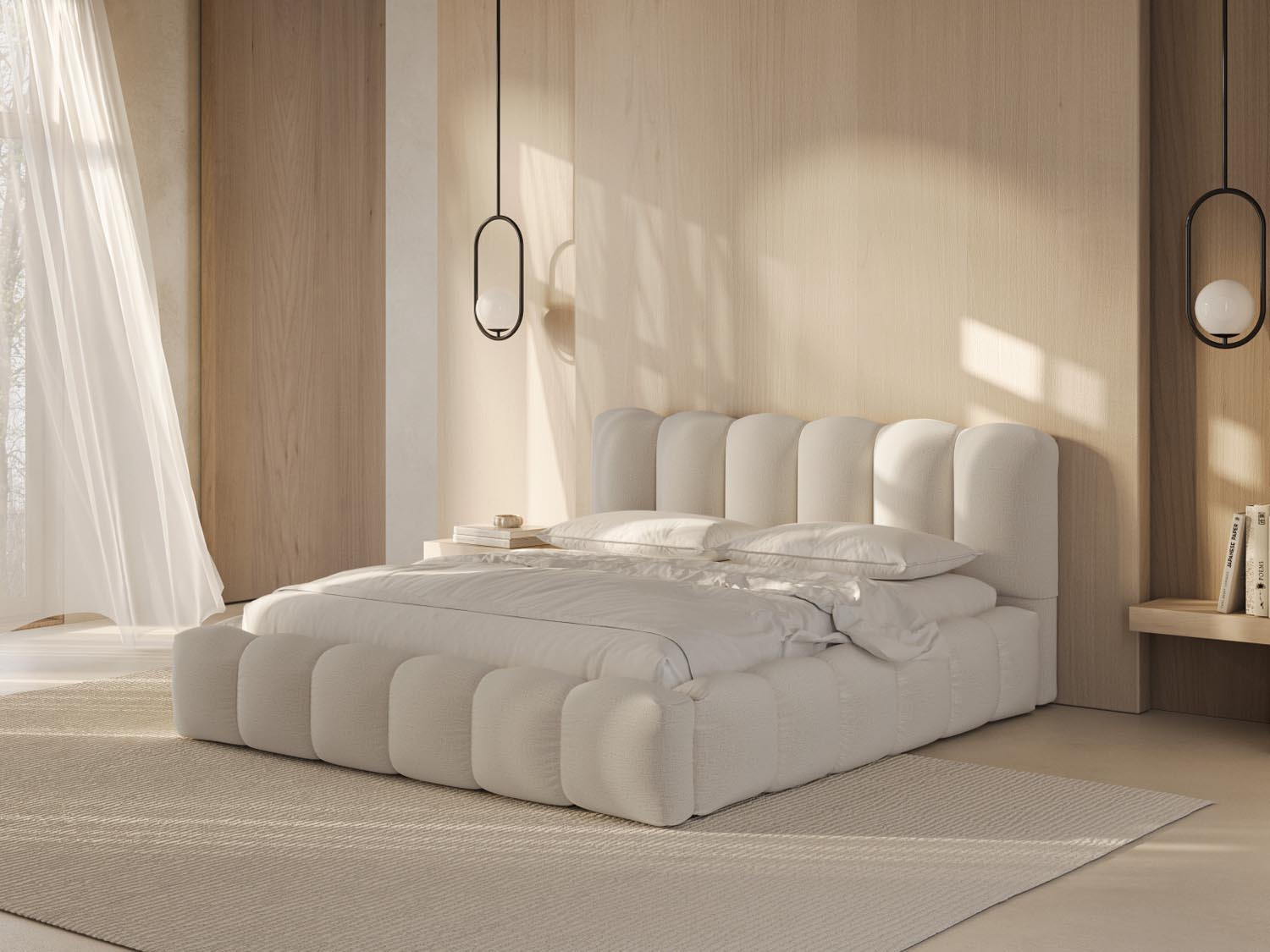 Elegantes Lupine Bett in Light Beige mit praktischem Stauraum und stilvollem Headboard, ideal für moderne Schlafzimmer.