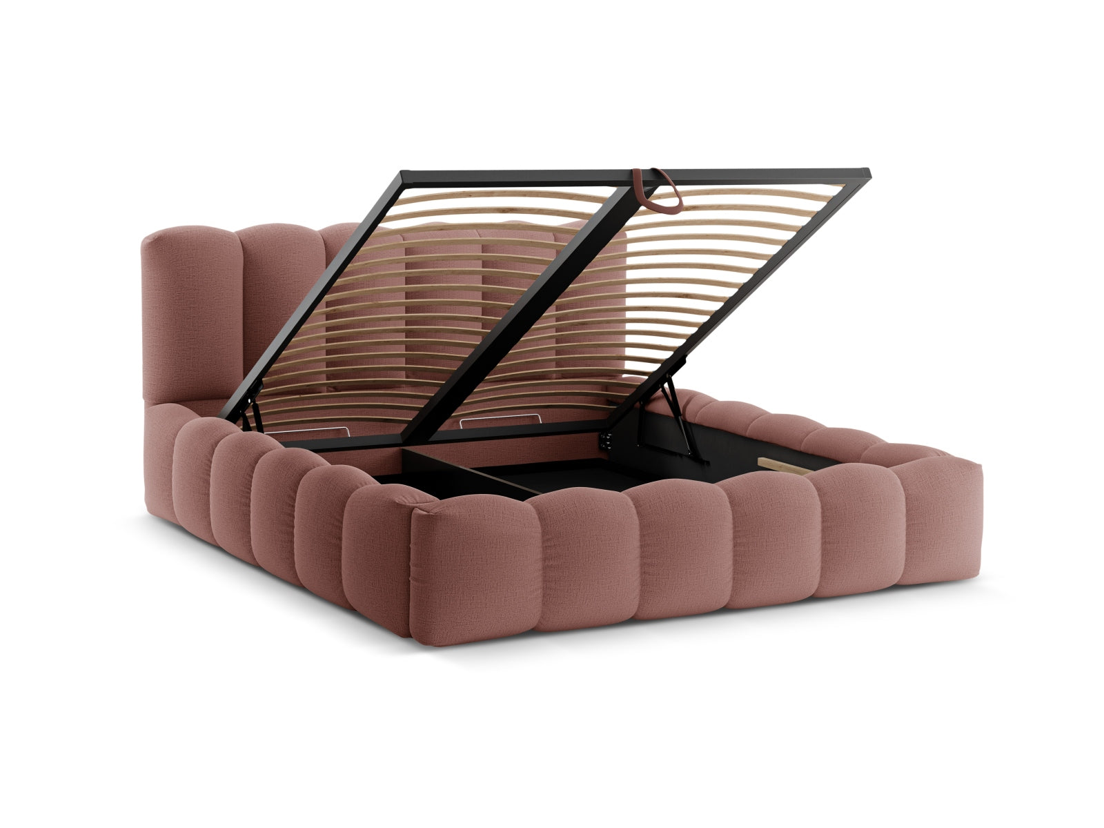 Elegantes Lupine Bett in zartem Dunkelrosa, ideal für stilvolle Schlafzimmer, mit integriertem Stauraum und ansprechendem Kopfteil.