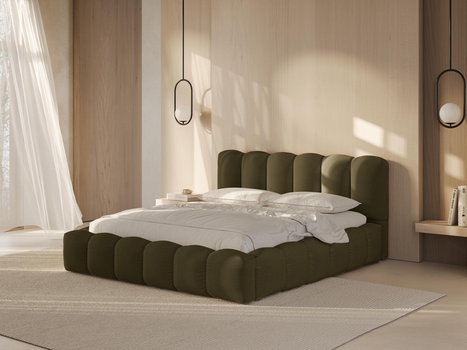 Elegantes Lupine Bett in Green-Moly mit praktischem Stauraum und stilvollem Headboard, ideal für moderne Schlafzimmer.