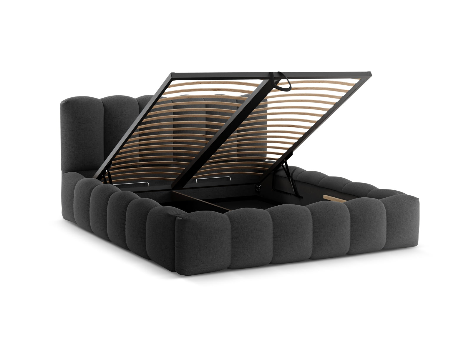 Modernes Lupine Bett in Anthrazit mit integriertem Stauraum und ansprechendem Kopfteil, perfekt für stilvolle Schlafzimmer.