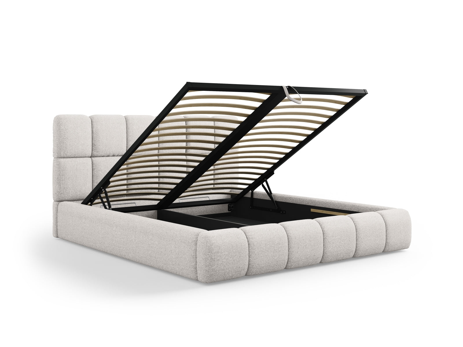 Stylisches Bellis Bett in sanftem Grau, ausgestattet mit praktischem Stauraum und einem ansprechenden Kopfteil für zeitgemäße Schlafzimmer.