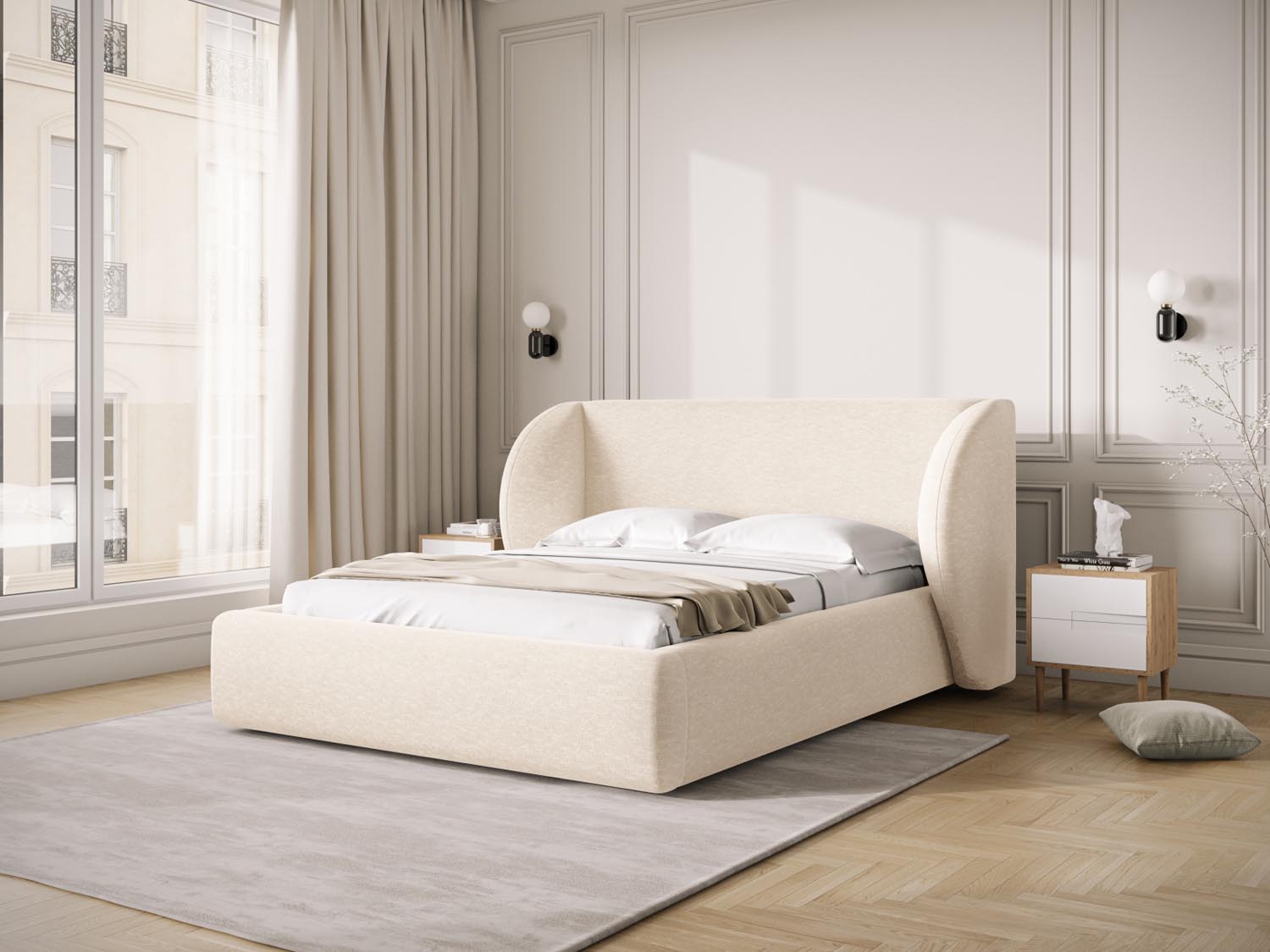 Elegantes Miley Bett in Light Beige mit praktischem Stauraum und stilvollem Headboard, ideal für moderne Schlafzimmer.