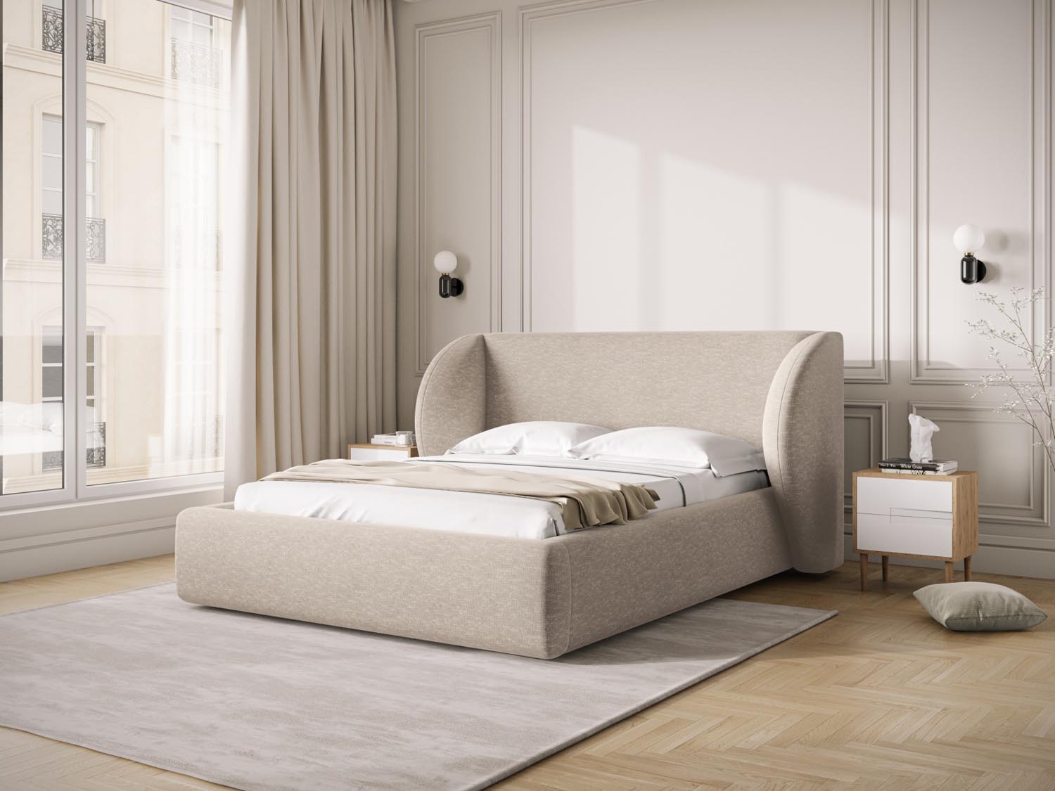 Elegantes Miley Bett in Beige mit praktischem Stauraum und stilvollem Headboard, ideal für moderne Schlafzimmer.