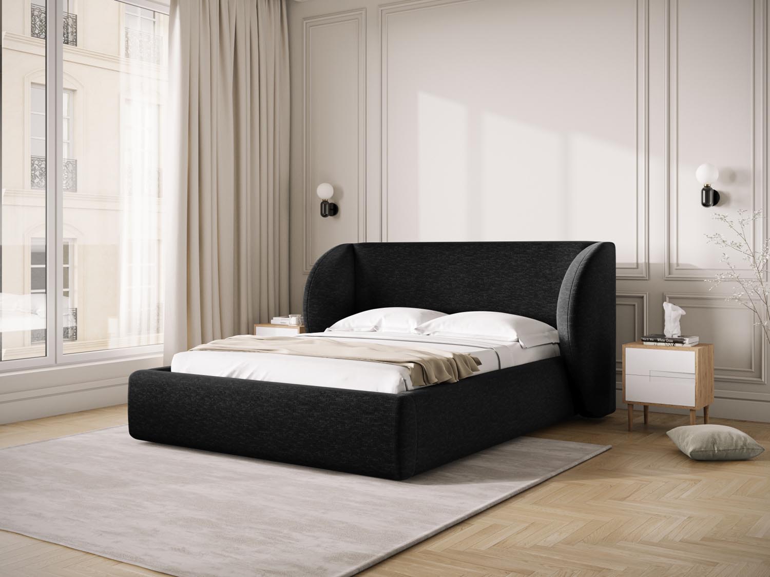 Elegantes Miley Bett mit praktischem Stauraum und stilvollem Headboard in Schwarz, ideal für moderne Schlafzimmer.