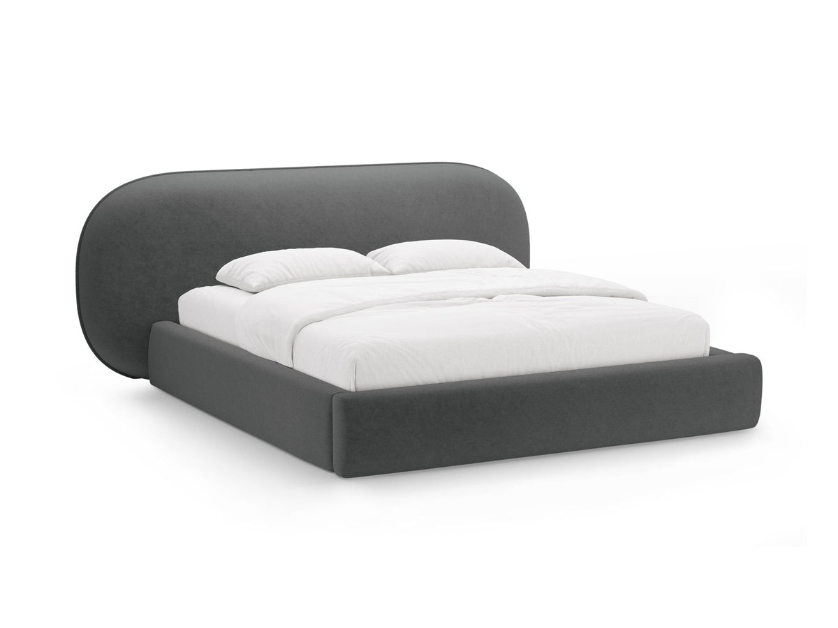 Stauraumbett Ovalo von Micadoni in Light Grey-Magic Velvet mit gepolstertem Kopfteil, Metallrahmen, Bettkasten und schwarzen Kunststoffbeinen.