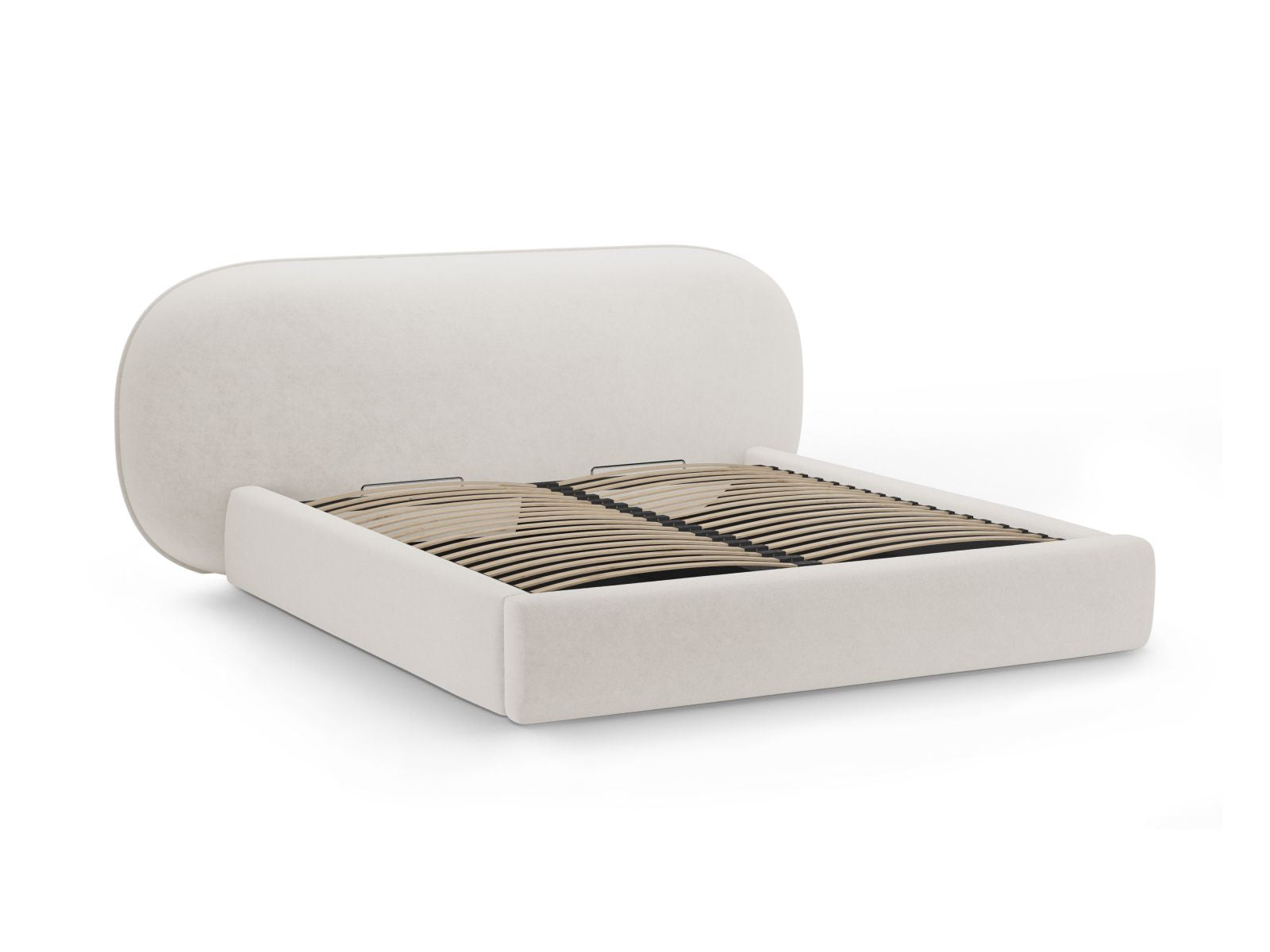 Modernes Ovalo Bett in sanftem Beige, ausgestattet mit praktischem Stauraum und einem ansprechenden Kopfteil, perfekt für stilvolle Schlafräume.