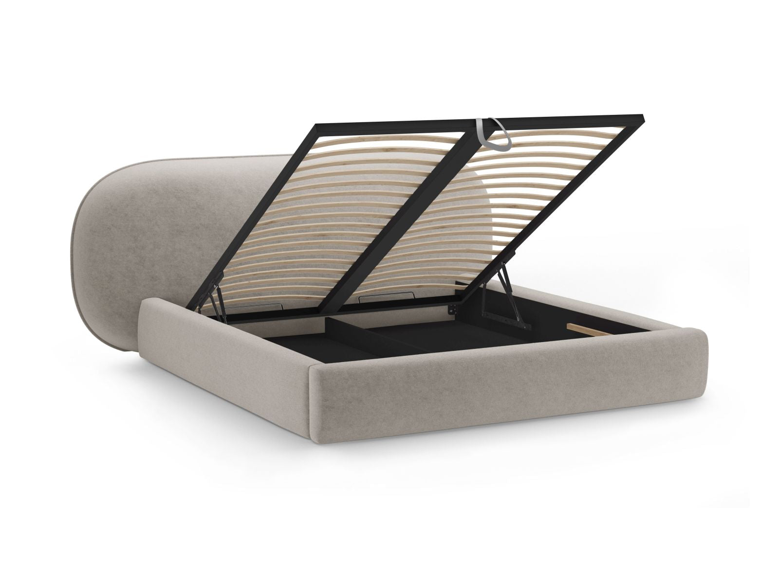 Elegantes Ovalo Bett mit 160 cm Breite, ausgestattet mit praktischem Stauraum und einem geschmackvollen Kopfteil in zartem Beige, ideal für moderne Schlafzimmer.