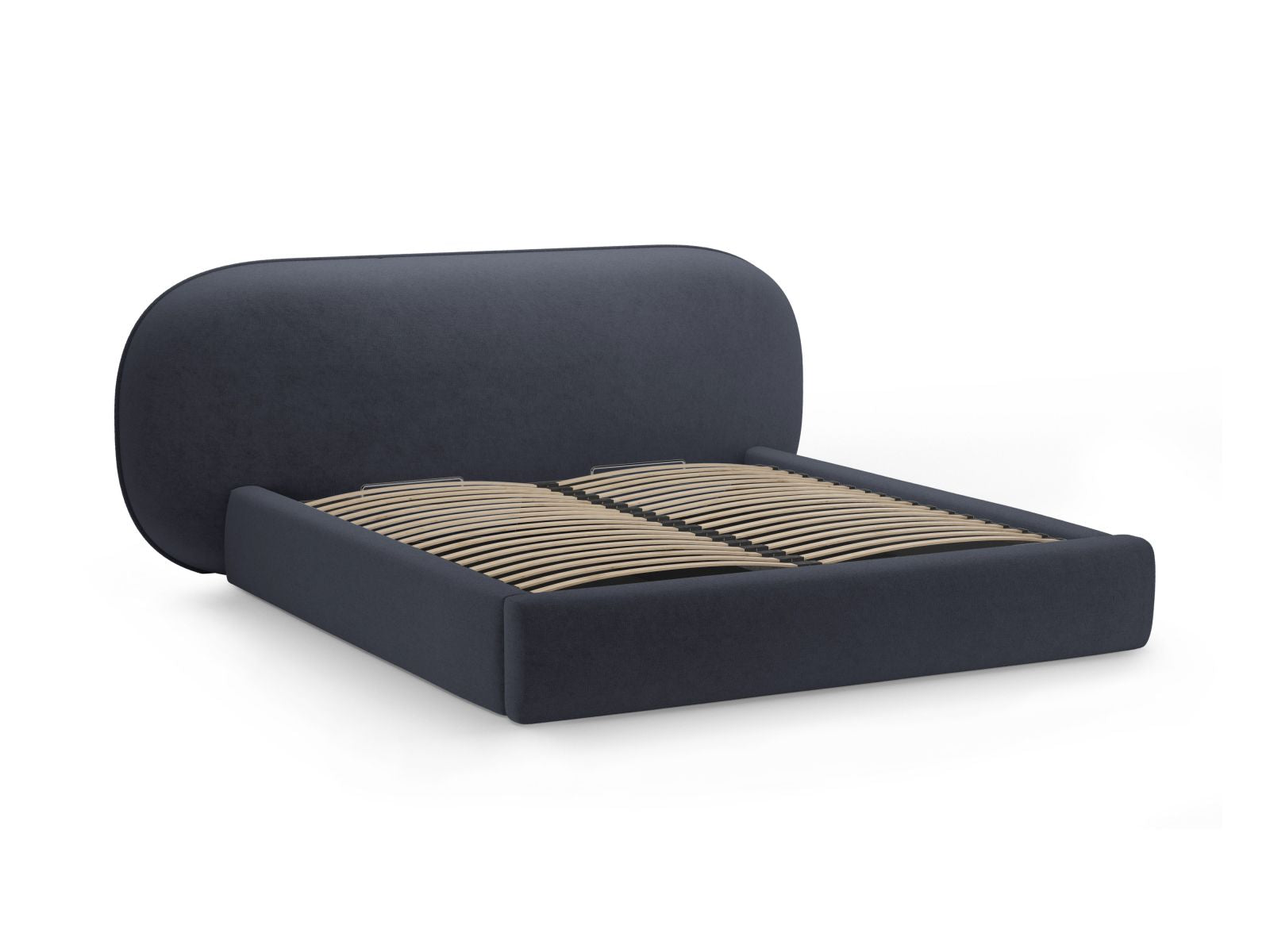 Stilvolles Ovalo Bett in Dunkelblau, ausgestattet mit praktischem Stauraum und einem ansprechenden Kopfteil, perfekt für zeitgemäße Schlafzimmer.