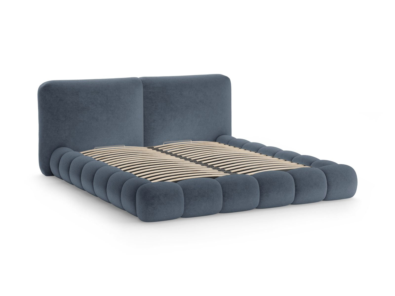 Elegantes Solange Bett in tiefem Blau, 160 cm breit, ausgestattet mit praktischem Stauraum und einem geschmackvollen Kopfteil für moderne Schlafzimmer.