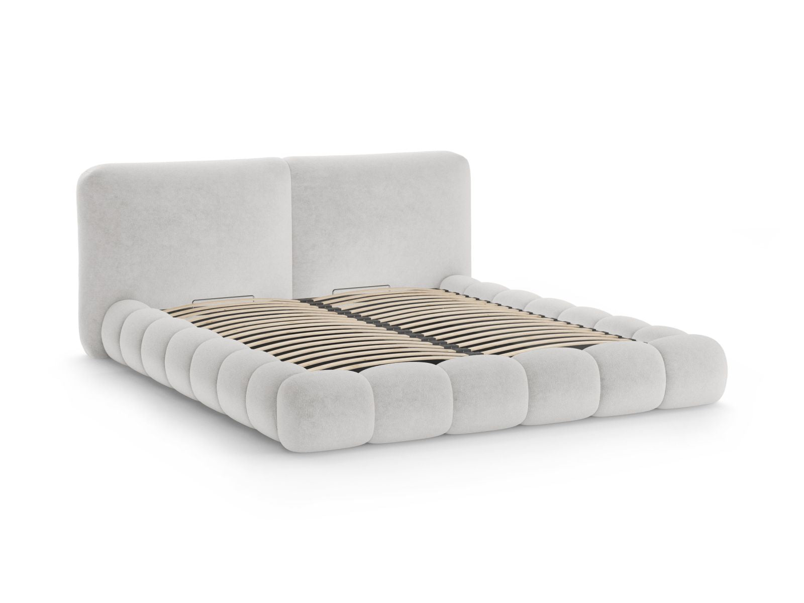 Elegantes Solange Bett mit 160 cm Breite, funktionalem Stauraum und stilvollem Kopfteil in dezentem Grau, ideal für moderne Schlafzimmer.