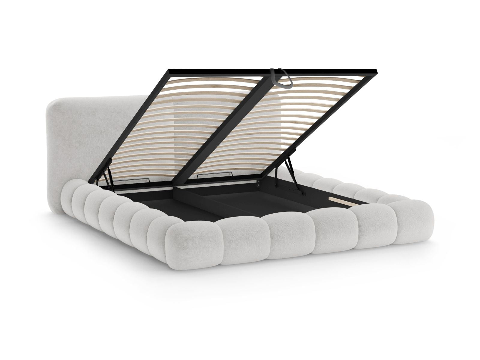 Stylisches Solange Bett in 160 cm Breite, ausgestattet mit praktischem Stauraum und einem ansprechenden Kopfteil in sanftem Grau, perfekt für jedes Schlafzimmer.